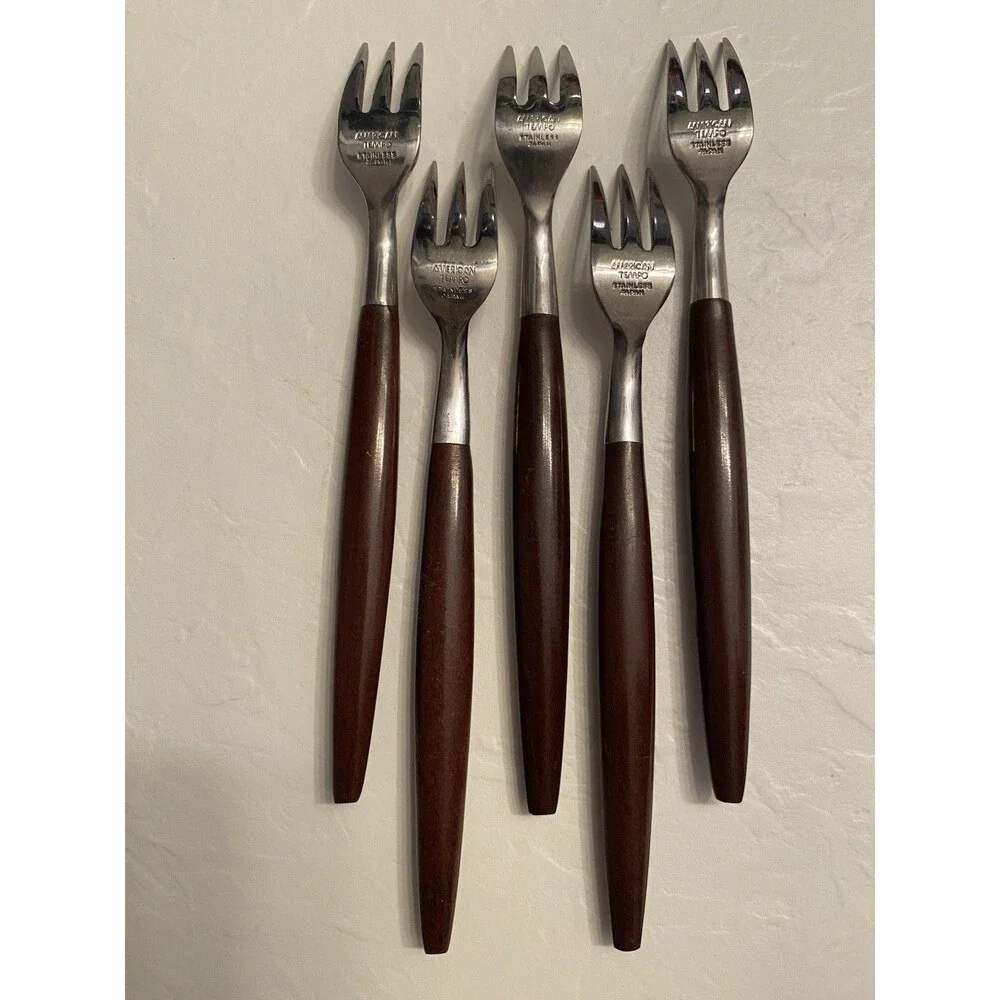 5) MCM AMERICAN TEMPO Oyster Forks Stainless Wood Handle Silverware Flatware